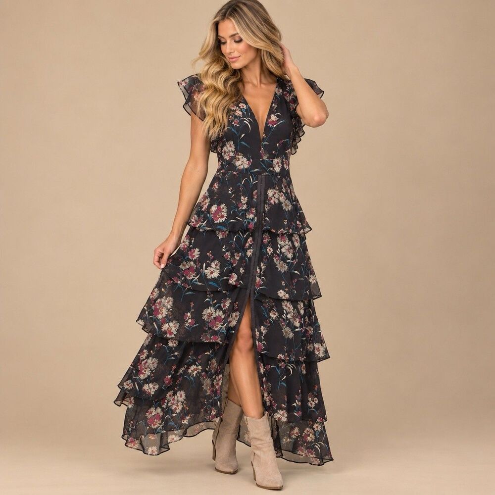 Willow & Clay Womens M Black Floral Tiered Ruffle Maxi Dress V Neck Lined
